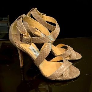 Jimmy Choo strappy snakeskin high heeled sandals taupe…